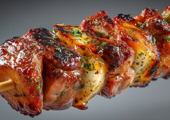 Grilled kebab skewer featuring succulent pieces of marinated meat and vegetables, beautifully charred and garnished with herbs, perfect for delicious meal or snack