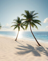 Palm trees sway gently on a sandy beach in the sun, casting long shadows on the pristine shore. The calm ocean stretches out to the horizon, under a clear blue sky