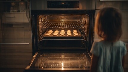 Child gazing at open oven door in modern kitchen, watching freshly baked cookies on rack, warm light illuminating the scene, creating a cozy atmosphere of home baking