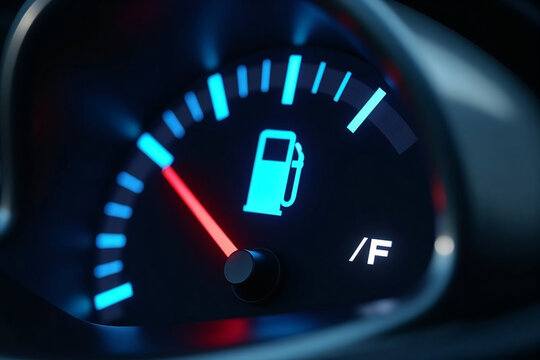 Close-Up of a Car Fuel Gauge Pointing to Empty with a Red Warning Light