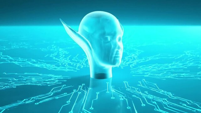 A glowing blue holographic head with elf-like ears emerges from a digital circuit board.