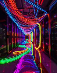 A vibrant, high-tech server room lit with neon cables, symbolizing data flow and digital connectivity