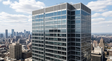 Obraz premium Stunning modern skyscraper with reflective glass facade offers panoramic city views, symbolizing corporate success and urban growth.