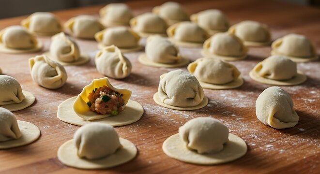 Raw homemade meat dumplings arranged in rows on a wooden table with dough and meat filling visible, representing the preparation of traditional Asian cuisine like Mongolian Buuz or Chinese Jiaozi