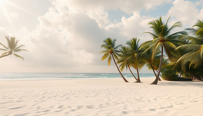 Serene Tropical Beach with Palm Trees and Cloudy Sky, inviting a sense of relaxation. The soft white sand and gentle waves create a perfect summer day at the beach