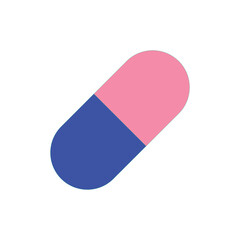 A simple, minimalist illustration of a two-toned pharmaceutical capsule, divided vertically into navy blue and pink sections, presented on a stark white background