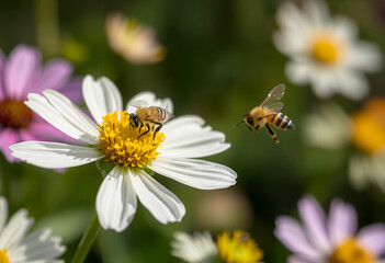 A bee collecting nectar from a daisy flower with other flowers in the background