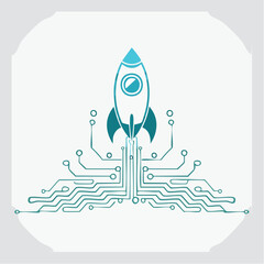 Digital age spacecraft launch with electronic circuit board connecting to technology progress