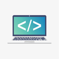 Laptop displaying code symbol illustration for software development and programming concept