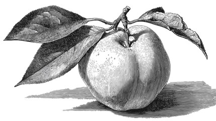 Vintage monochrome botanical illustration of an apple or quince fruit with leaves and stem, hand-drawn antique style drawing, black and white sketch