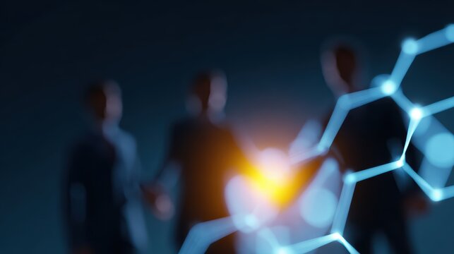 Business teamwork and innovation concept, flat minimal icons, glowing futuristic digital patterns