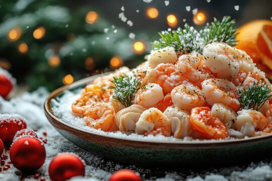 Serving of shrimp pasta with dill on top.