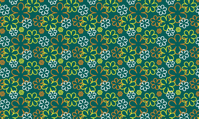 Colorful hand drawn flowers pattern on green background. Seamless floral vector ornament for textile, fabric, interior, ceramic, wallpaper, paper decoration