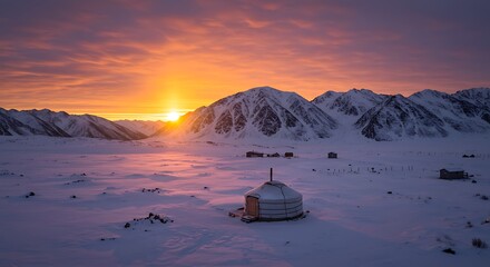 Majestic Sunset Over Snow-Covered Mountains and a Traditional Yurt in the Serene Mongolian Landscape