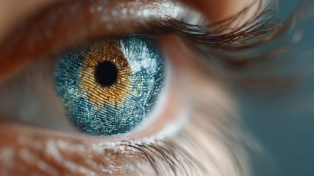 Human eye with fingerprint-like pattern on iris - concept of uniqueness, identity, biometric identification, global control