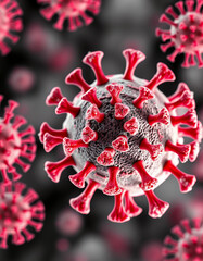 A close-up view of a virus cell. The image shows detailed features and structure of the virus.