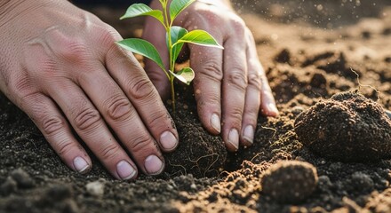 Hands planting a small green seedling in rich brown soil. The scene emphasizes environmental care and sustainable practices.