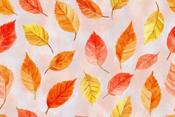 Obraz premium Seamless Watercolor Autumn Leaves Pattern – Warm Orange & Red Tones, Hand-Painted Fall Design