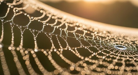 A close-up of a spider web adorned with dew drops, glistening in the sunlight. The web showcases intricate patterns and delicate details.