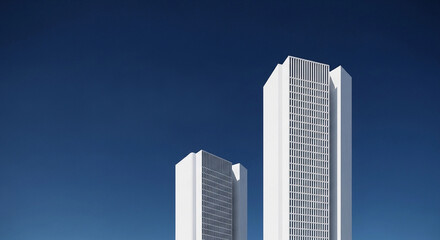 Two modern skyscrapers with a sleek design against a clear blue sky. The buildings feature glass windows and a minimalist aesthetic.