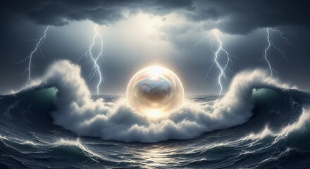 A dramatic ocean scene with towering waves and a glowing orb at the center. Dark storm clouds and lightning illuminate the turbulent waters.
