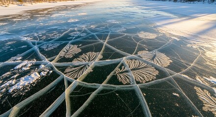 Aerial view of a frozen lake with intricate ice patterns and snow-covered trees. The scene captures the beauty of winter landscapes.