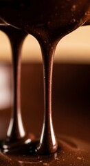 Close-up of rich, dark chocolate melting and dripping. The texture is smooth and glossy, showcasing the fluidity of the chocolate.