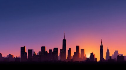 Fototapeta premium New York skyline panorama, sunset glow, flat minimal layout