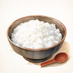 米飯が入った茶碗と木のスプーンのクローズアップ