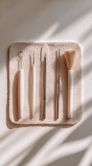 Neatly arranged nail tools on a soft surface, showcasing precision instruments for manicure and pedicure, ideal for beauty and wellness professionals seeking quality equipment