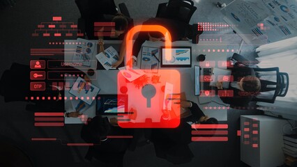 A dynamic view of a corporate meeting showcasing teamwork and digital security themes. Visual overlays illustrate the importance of data protection in modern business environments. Raster