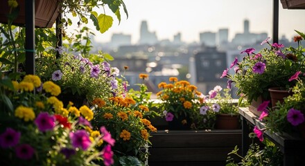 Colorful flowers in pots on a balcony with a city skyline in the background. Bright blooms include yellow, purple, and orange flowers. A sunny day is depicted.
