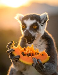 Obraz premium Ring-tailed lemur eating papaya at sunset