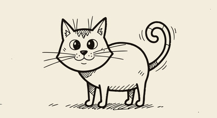 Obraz premium A simple illustration of a smiling cat standing with a curled tail, drawn in black ink.