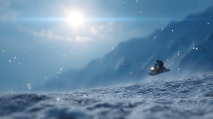 Snowmobile Riding Through Snowy Landscape Under Bright Sunlight