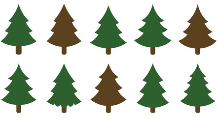 Simple illustration of various green and brown stylized pine trees arranged neatly