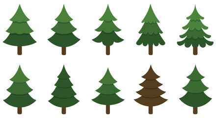 A collection of various green and brown stylized christmas trees illustration