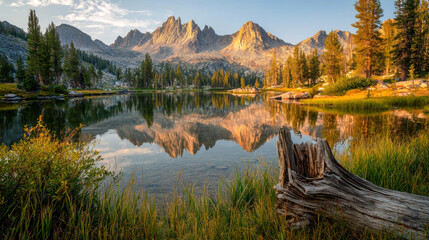 Serene mountain lake scene with reflections and a weathered log in a lush forest setting