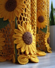Handmade crocheted sunflower window panels display a vibrant yellow color scheme against a delicate, open lattice design.