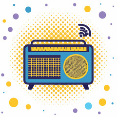 Vintage radio illustration with halftone background and vibrant color scheme offering a nostalgic