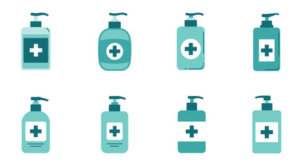 Illustration of eight teal hand soap dispensers with medical cross symbols