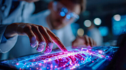 Medical team in a modern hospital examining a glowing 3D holographic human anatomy model for diagnosis, showcasing innovative health technology and future medicine