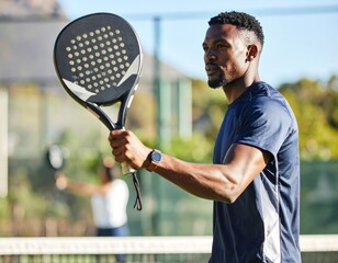 Man holding padel racket outdoors