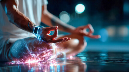 Man in a yoga pose meditating with a smartwatch tracking his pulse and health data. Represents wellness, technology integration, and mindfulness in daily life