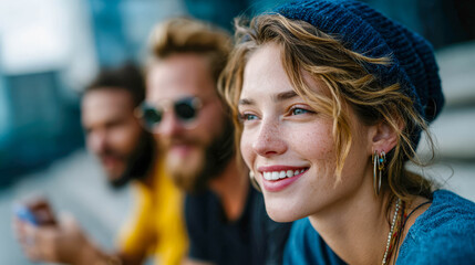 Diverse group of casually dressed young friends sitting and relaxing on broad city stairs, enjoying a moment of shared laughter. Urban lifestyle and community