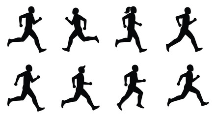 A group of silhouetted figures depicted in various running poses