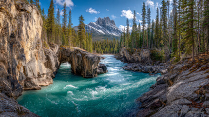 Scenic turquoise river flowing through rugged rocky cliffs and dense evergreen forest with majestic mountain peaks under a blue sky in a serene wilderness setting