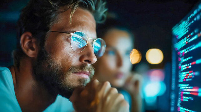 Diverse team of FinTech developers brainstorming complex code and data projections on a large screen in a modern office. Technology and finance collaboration