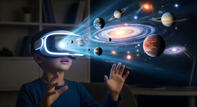 Curious child explores vibrant galaxy with futuristic VR headset, reaching out to touch glowing planets and stars in immersive digital experience. - Powered by Adobe