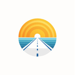 Minimalist scenic route logo featuring sun, road, and sea for tourism branding and travel